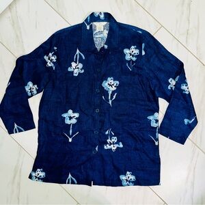 Vintage Outfit JPR Women's L 100% Linen Blue Floral Button-Up Shirt Summer Beach